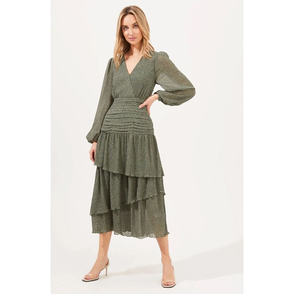 ASTR The Label Green Ruched Ruffle Floral Print Midi Dress - Picture 2 of 13